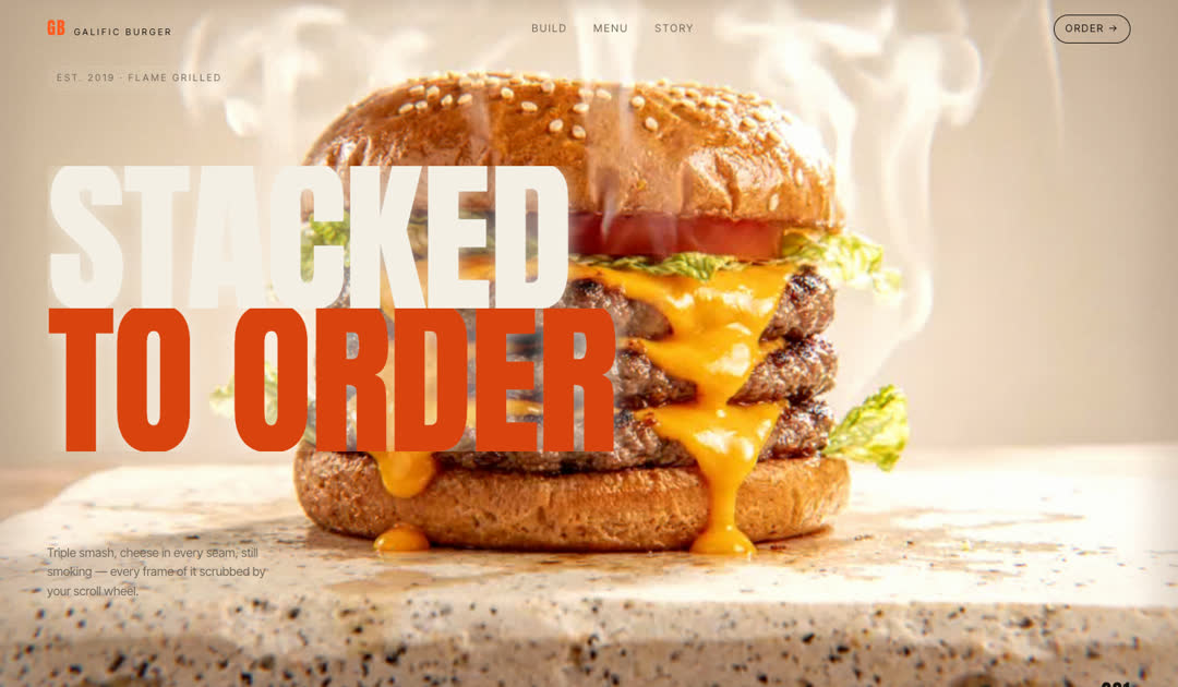 Burger site, Stacked to Order, with a melting cheeseburger