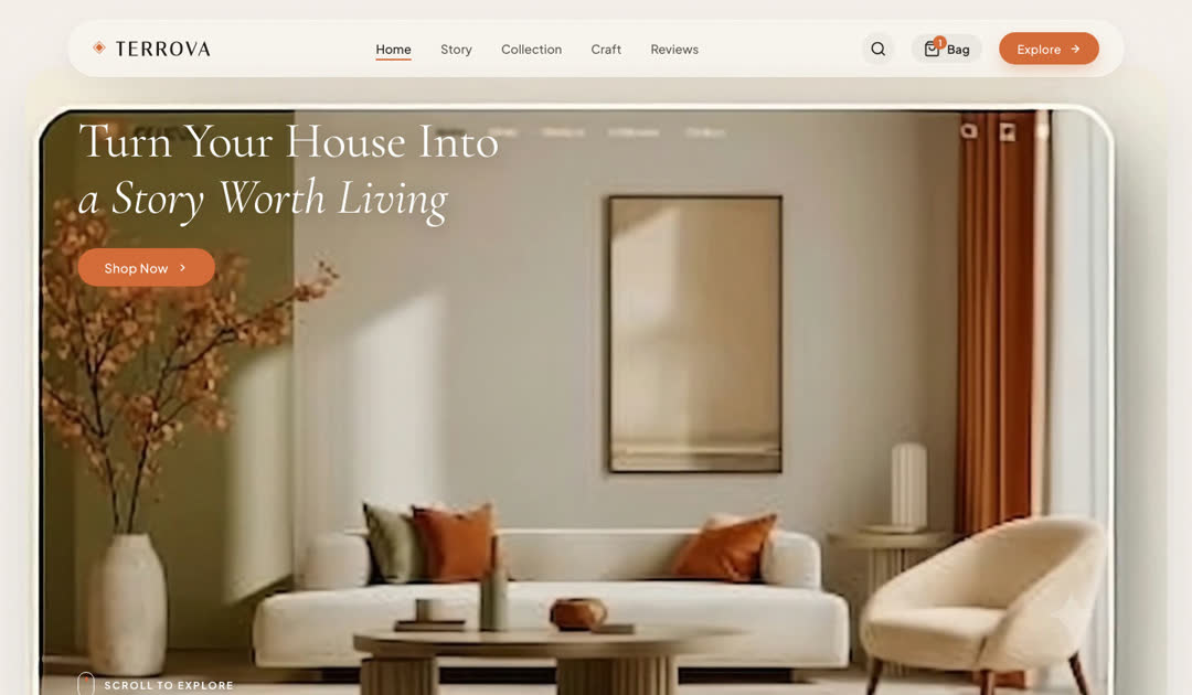 Terrova furniture site with a calm living room