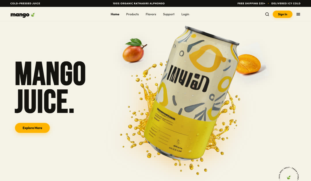 Mango juice site with a yellow can and mango splash