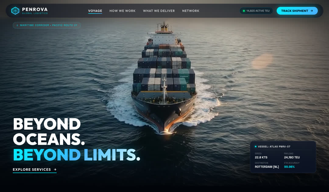 Logistics site, Beyond Oceans, with a container ship