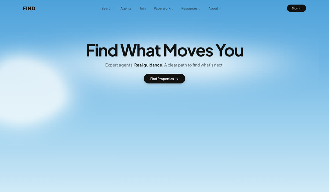 FIND real estate site, Find What Moves You, on a sky background
