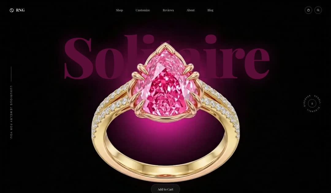 RNG solitaire ring site with a pink diamond ring on black