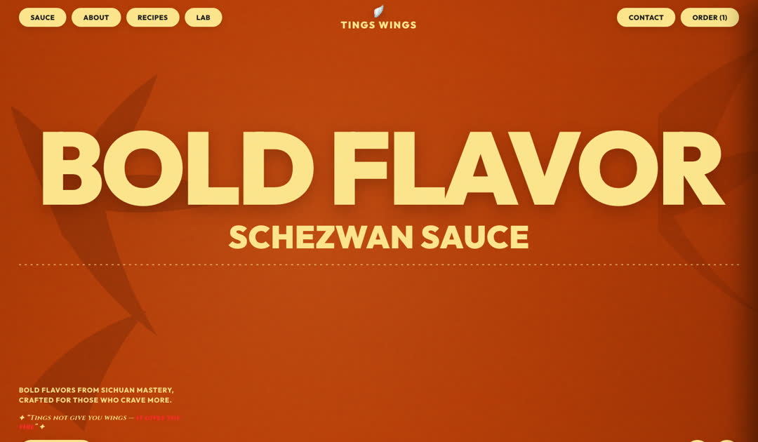 Tings Wings Schezwan sauce site with the headline Bold Flavor on a deep orange page