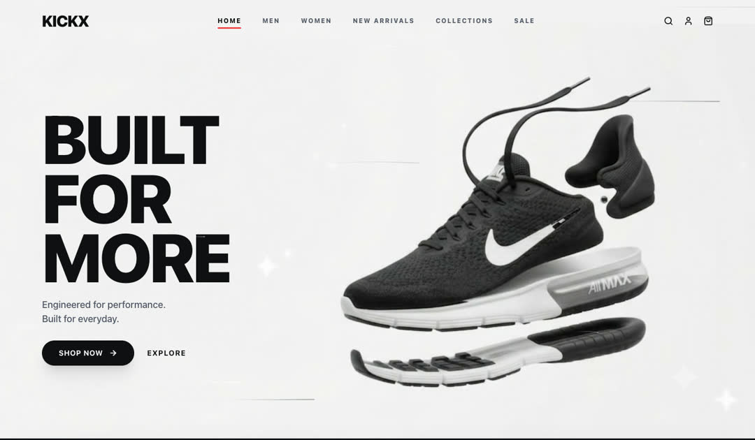 KICKX sneaker site, Built for More, with an exploded shoe